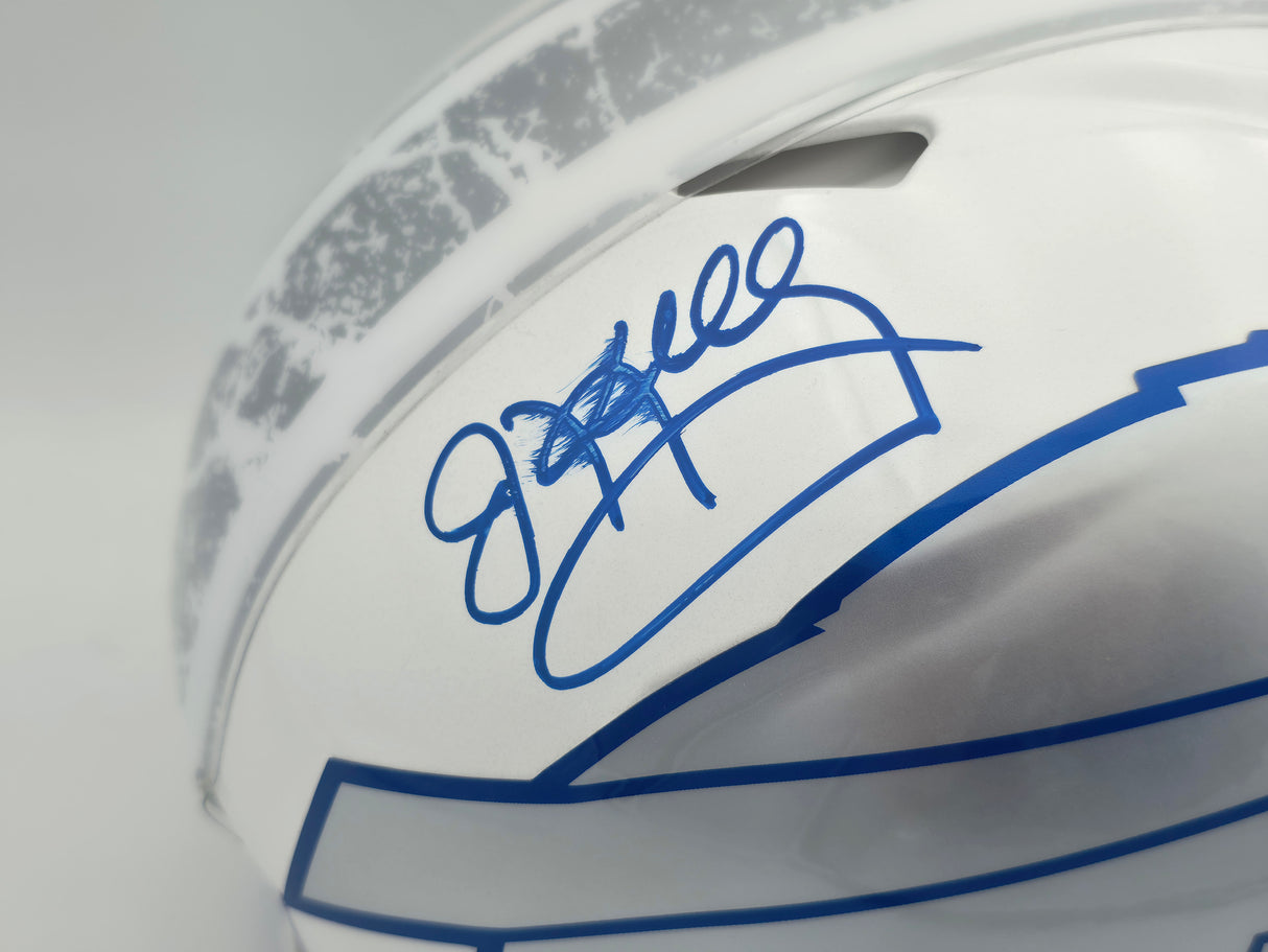 Jim Kelly, Thurman Thomas & Andre Reed Autographed Buffalo Bills Rivalries White Full Size Speed Authentic Helmet (Smudged) Beckett BAS Witness #4W369388