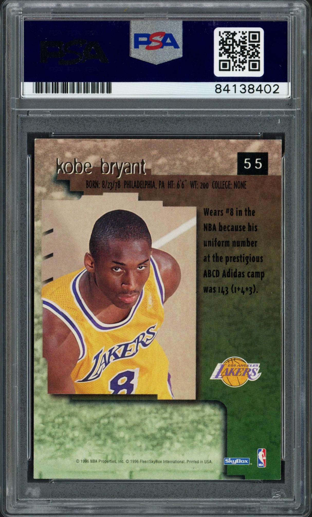 Kobe Bryant Autographed 1996-97 Skybox Premium Rookie Card #55 Los Angeles Lakers PSA/DNA #84138402
