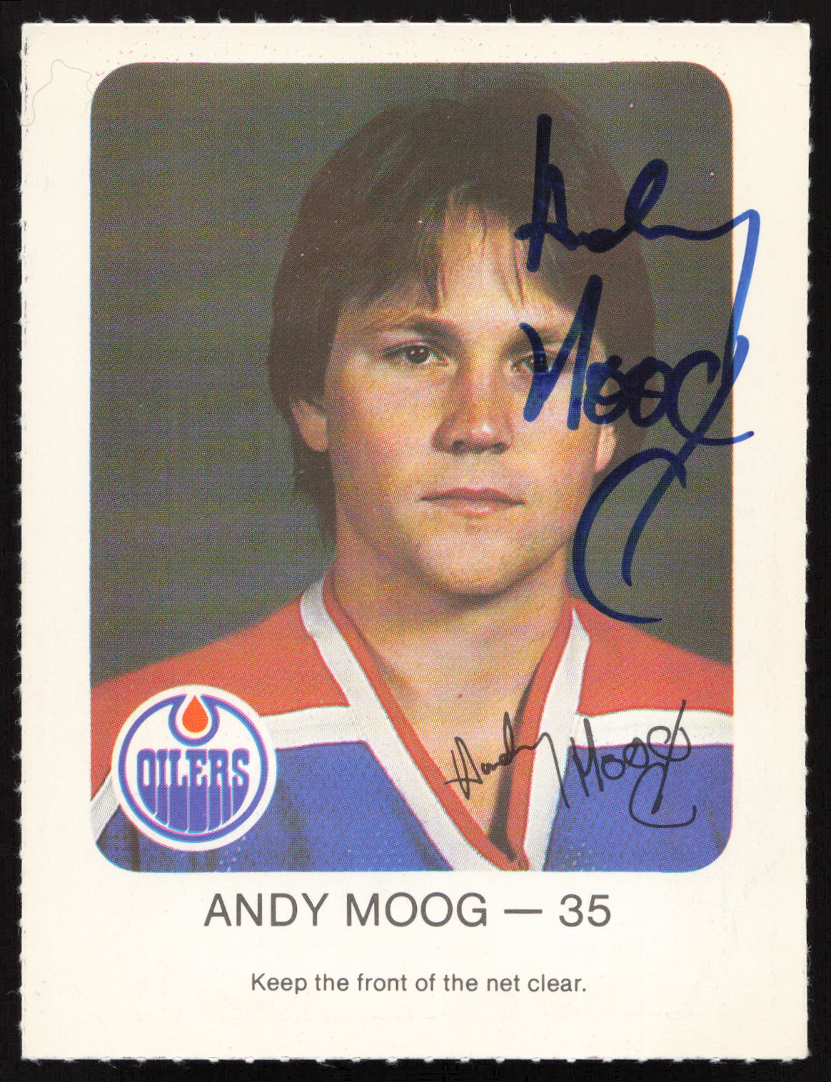 Andy Moog Autographed 1981-82 Red Rooster Rookie Card Edmonton Oilers SKU #258335