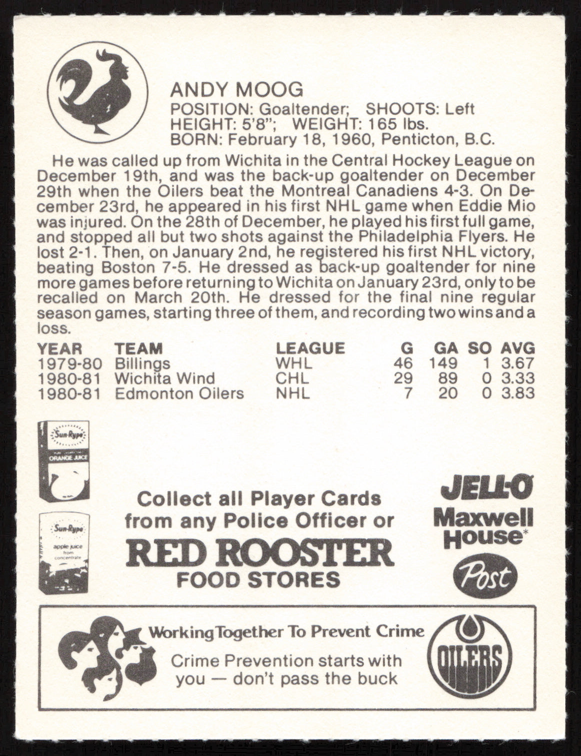 Andy Moog Autographed 1981-82 Red Rooster Rookie Card Edmonton Oilers SKU #258335