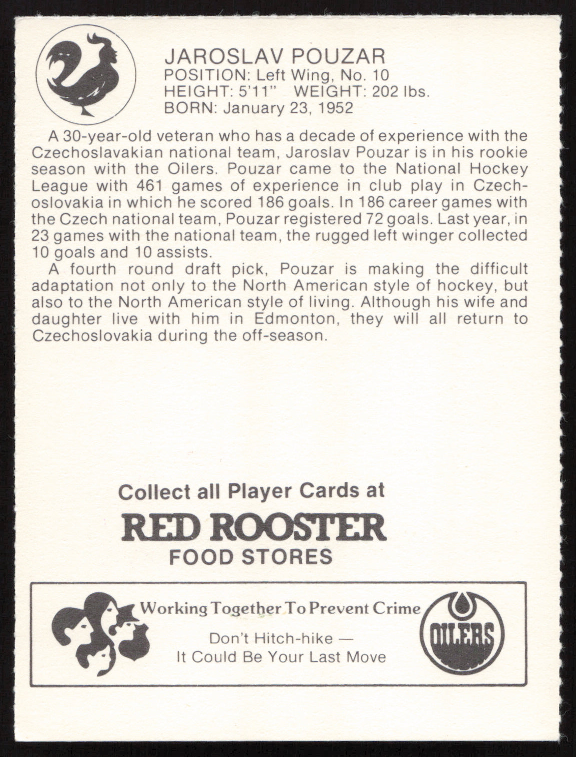 Jaroslav Pouzar Autographed 1982-83 Red Rooster Rookie Card Edmonton Oilers SKU #258353
