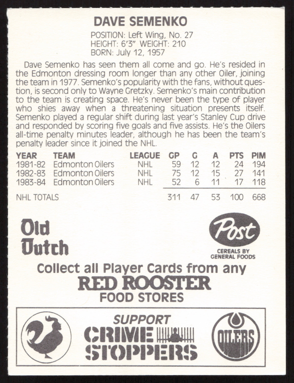 Dave Semenko Autographed 1984-85 Post Red Rooster Card Edmonton Oilers SKU #258380