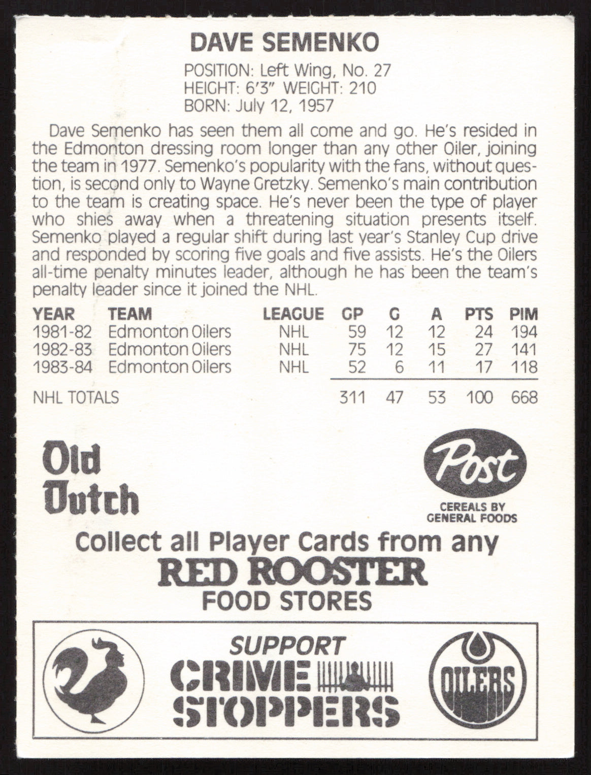 Dave Semenko Autographed 1984-85 Post Red Rooster Card Edmonton Oilers SKU #258381