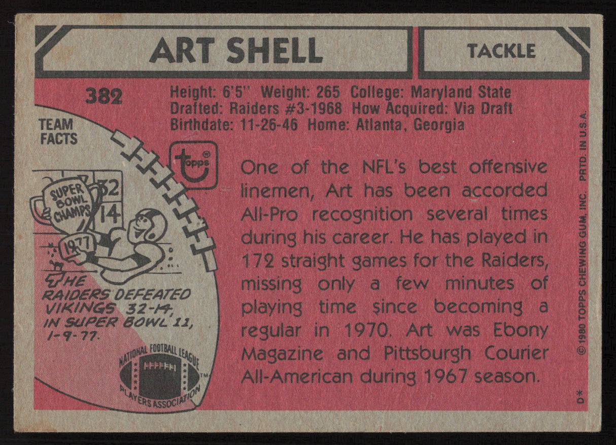 Art Shell Autographed 1980 Topps Card #382 Oakland Raiders SKU #259201