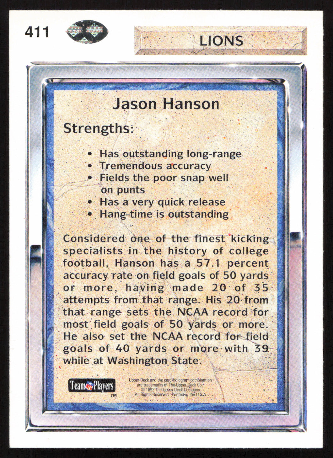 Jason Hanson Autographed 1992 Upper Deck Rookie Card #411 Detroit Lions SKU #259515