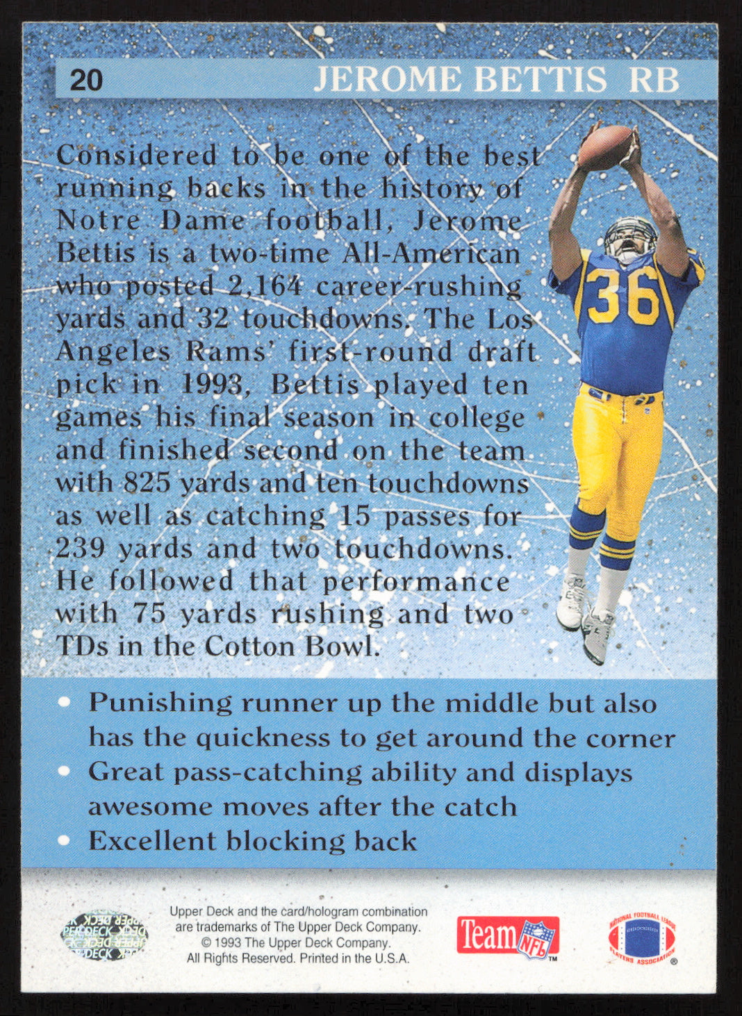 Jerome Bettis Autographed 1993 Upper Deck Rookie Card #20 Los Angeles Rams SKU #259519