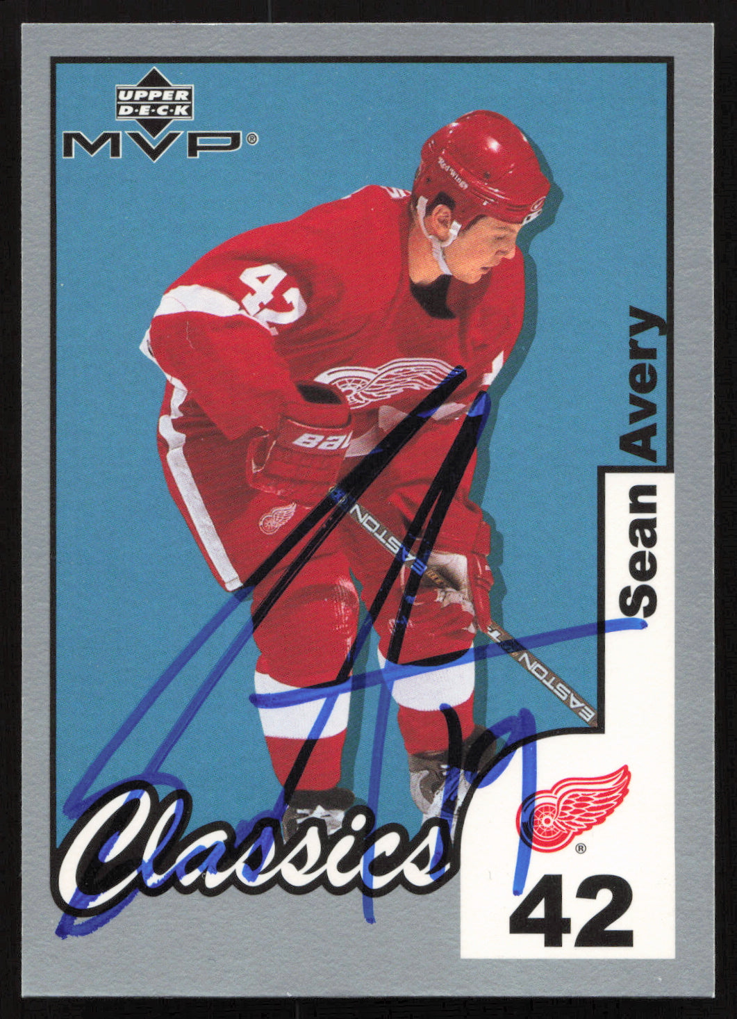 Sean Avery Autographed 2002-03 Upper Deck MVP Card #201 Detroit Red Wings SKU #259680