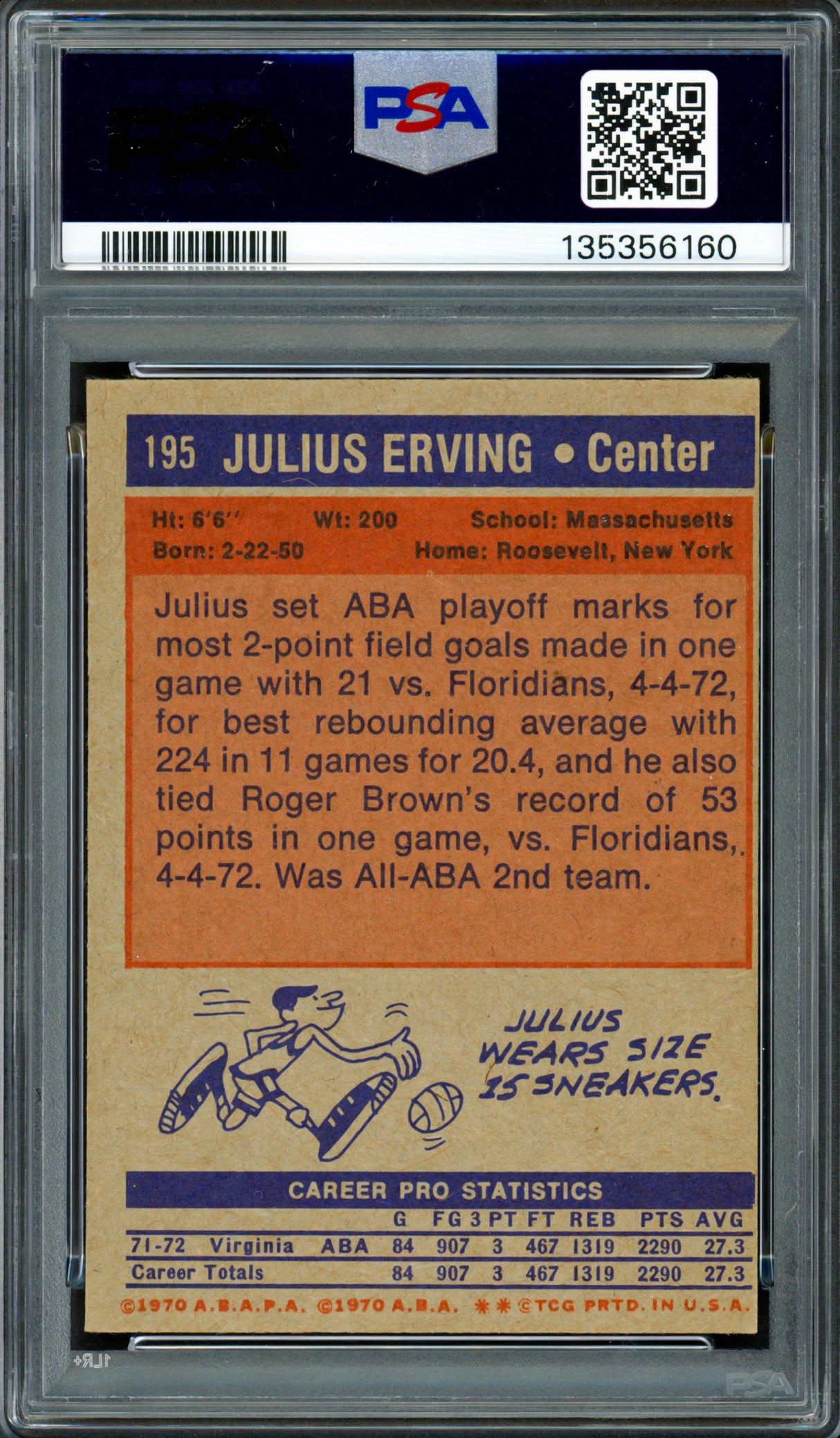Julius "Dr. J" Erving Autographed 1972 Topps Rookie Card #195 Virginia Squires PSA 7 Auto Grade Gem Mint 10 PSA/DNA #135356160