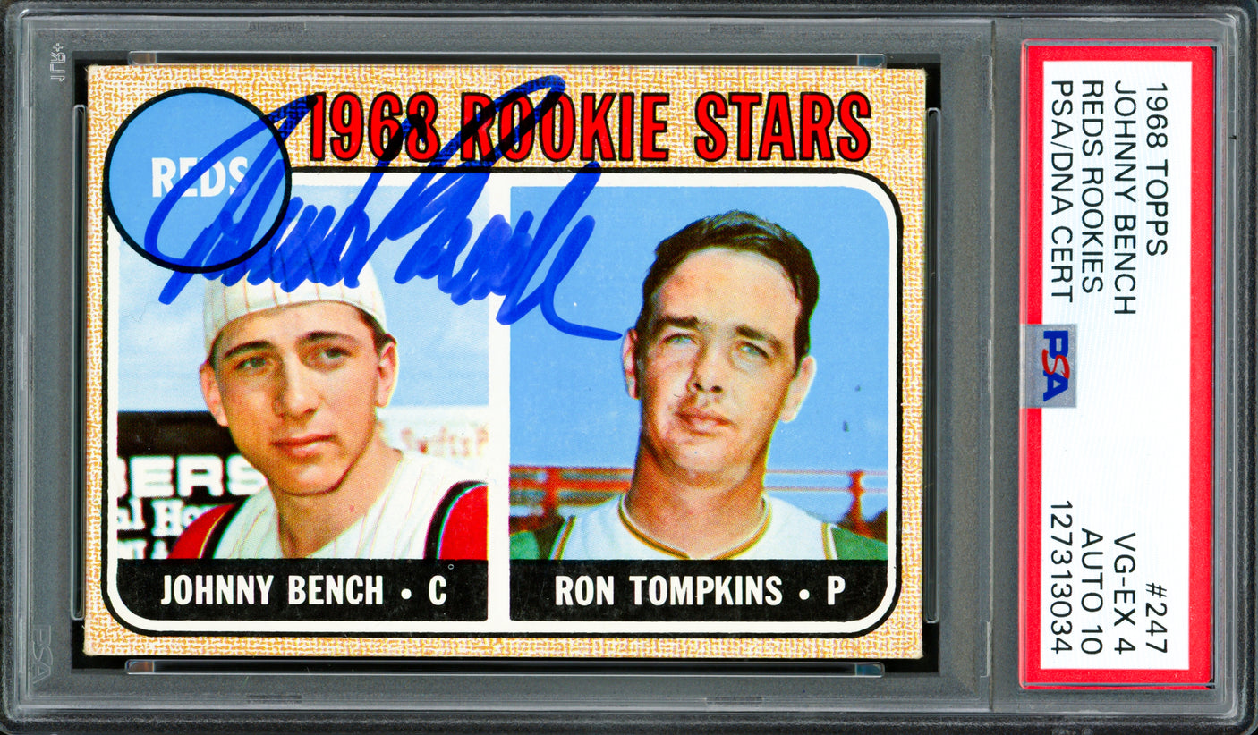 Johnny Bench Autographed 1968 Topps Rookie Card #247 Cincinnati Reds PSA 4 Auto Grade Gem Mint 10 PSA/DNA #127313034