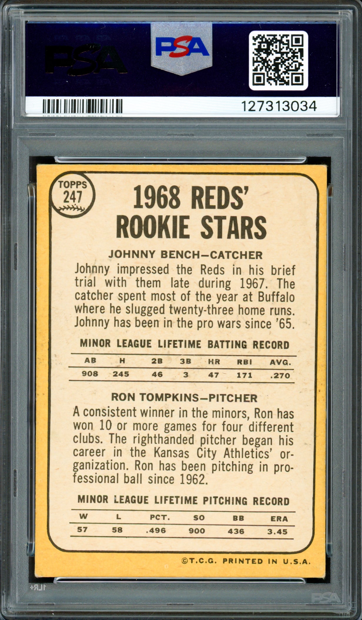 Johnny Bench Autographed 1968 Topps Rookie Card #247 Cincinnati Reds PSA 4 Auto Grade Gem Mint 10 PSA/DNA #127313034