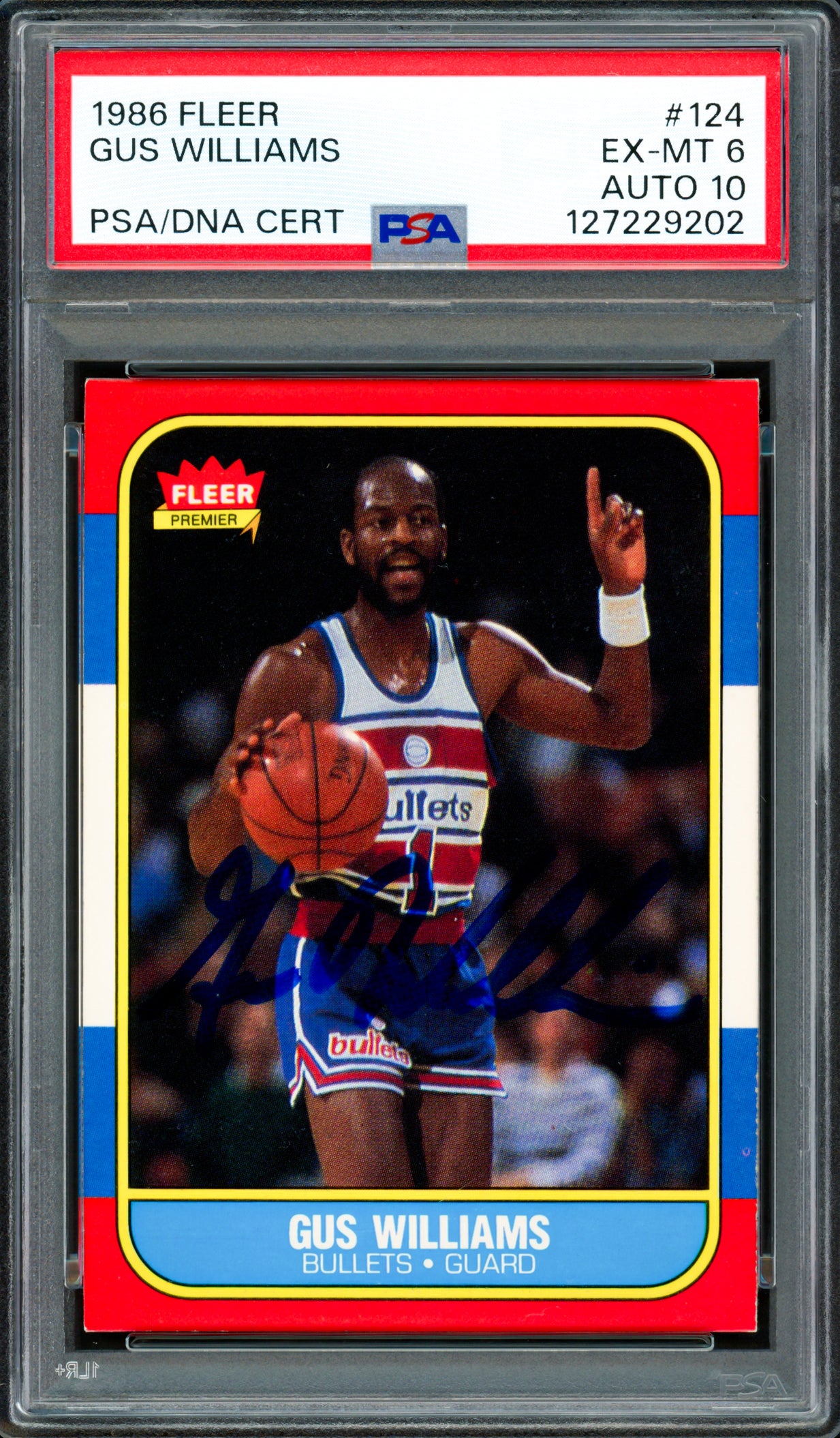 Gus Williams Autographed 1986 Fleer Rookie Card #124 Washington Bullets PSA 6 Auto Grade Gem Mint 10 PSA/DNA #127229202