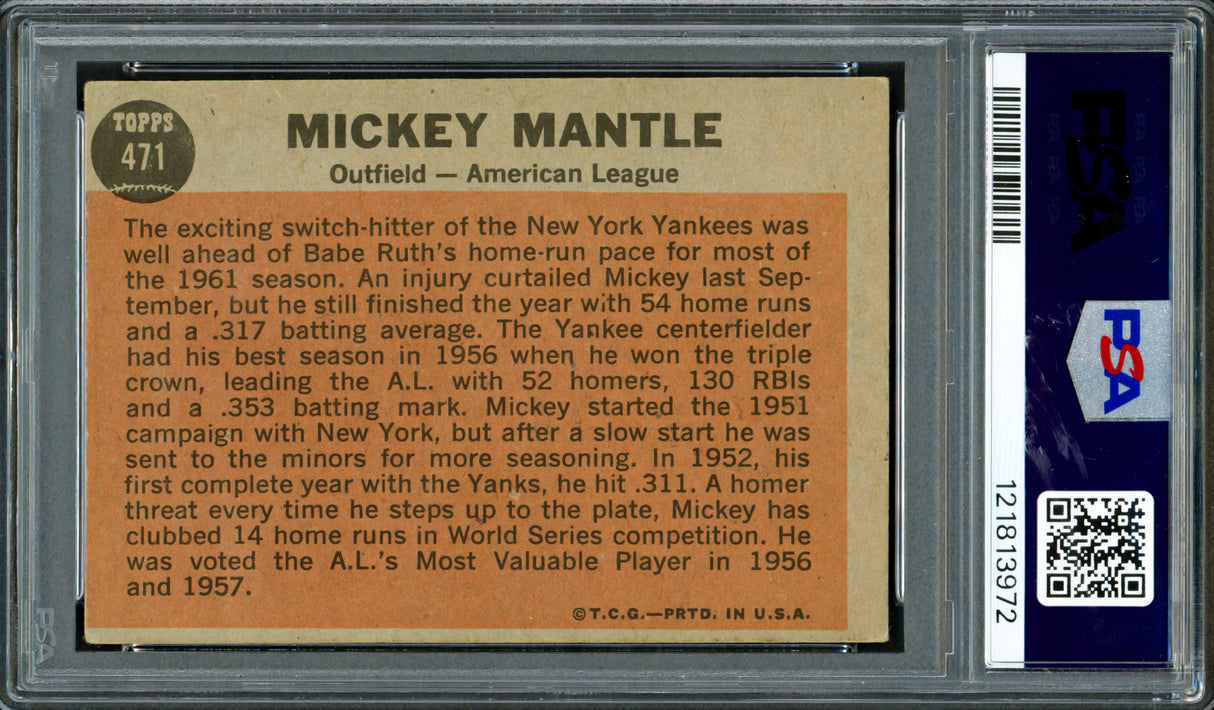 Mickey Mantle Autographed 1962 Topps Card #471 New York Yankees PSA 3 Auto Grade 5 PSA/DNA #121813972