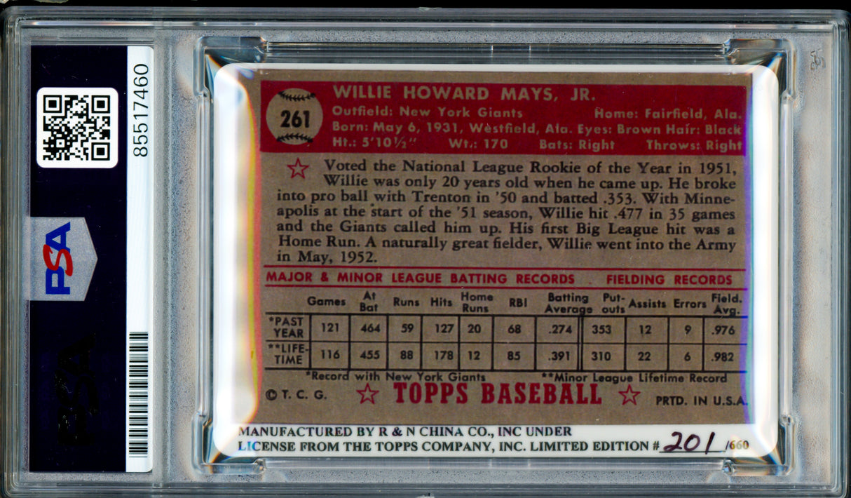 Willie Mays Autographed 1952 Topps Porcelain Rookie Card #261 New York Giants Auto Grade Near Mint/Mint 8 #201/660 PSA/DNA #85517460