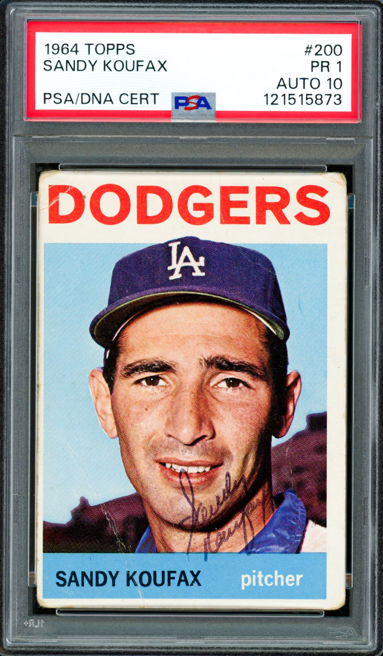Sandy Koufax Autographed 1964 Topps Card #200 Los Angeles Dodgers PSA 1 Auto Grade Gem Mint 10 PSA/DNA #12151873