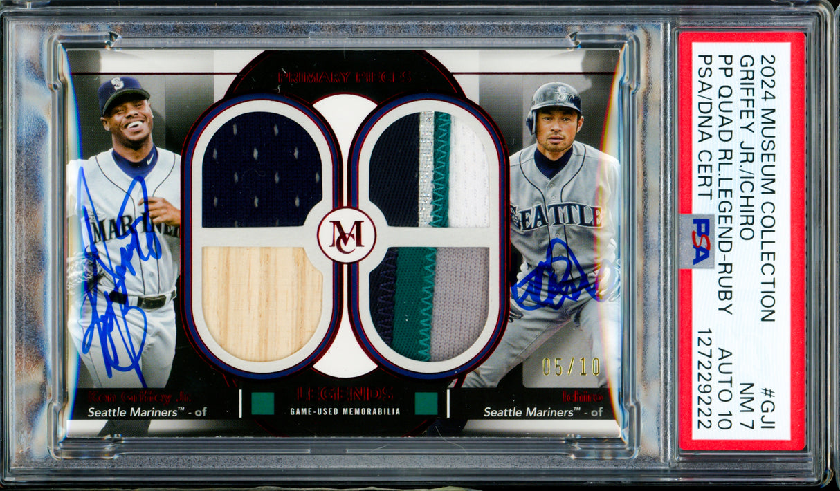 Ken Griffey Jr. & Ichiro Suzuki Autographed 2024 Museum Collection Game Used Quad Relic Card #GJI Seattle Mariners PSA 7 Auto Grade Gem Mint 10 #5/10 PSA/DNA #127229222
