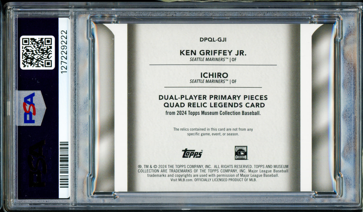 Ken Griffey Jr. & Ichiro Suzuki Autographed 2024 Museum Collection Game Used Quad Relic Card #GJI Seattle Mariners PSA 7 Auto Grade Gem Mint 10 #5/10 PSA/DNA #127229222