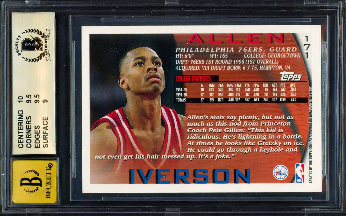 Allen Iverson Autographed 1996-97 Topps Rookie Card #171 Philadelphia 76ers BGS 9.5 Auto Grade Gem Mint 10 Beckett BAS #18954895