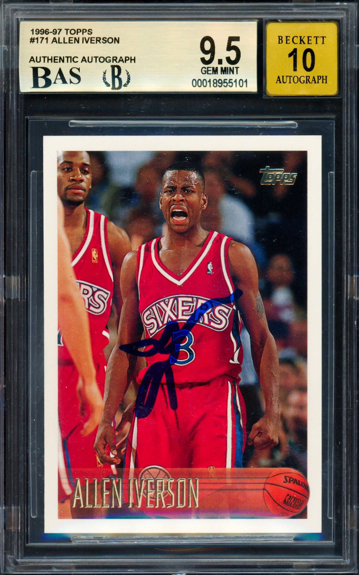 Allen Iverson Autographed 1996-97 Topps Rookie Card #171 Philadelphia 76ers BGS 9.5 Auto Grade Gem Mint 10 Beckett BAS #18955101