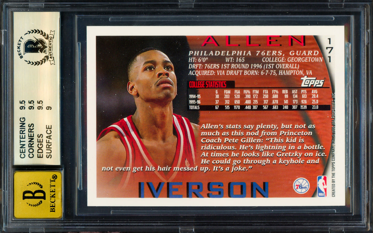 Allen Iverson Autographed 1996-97 Topps Rookie Card #171 Philadelphia 76ers BGS 9.5 Auto Grade Gem Mint 10 Beckett BAS #18955101