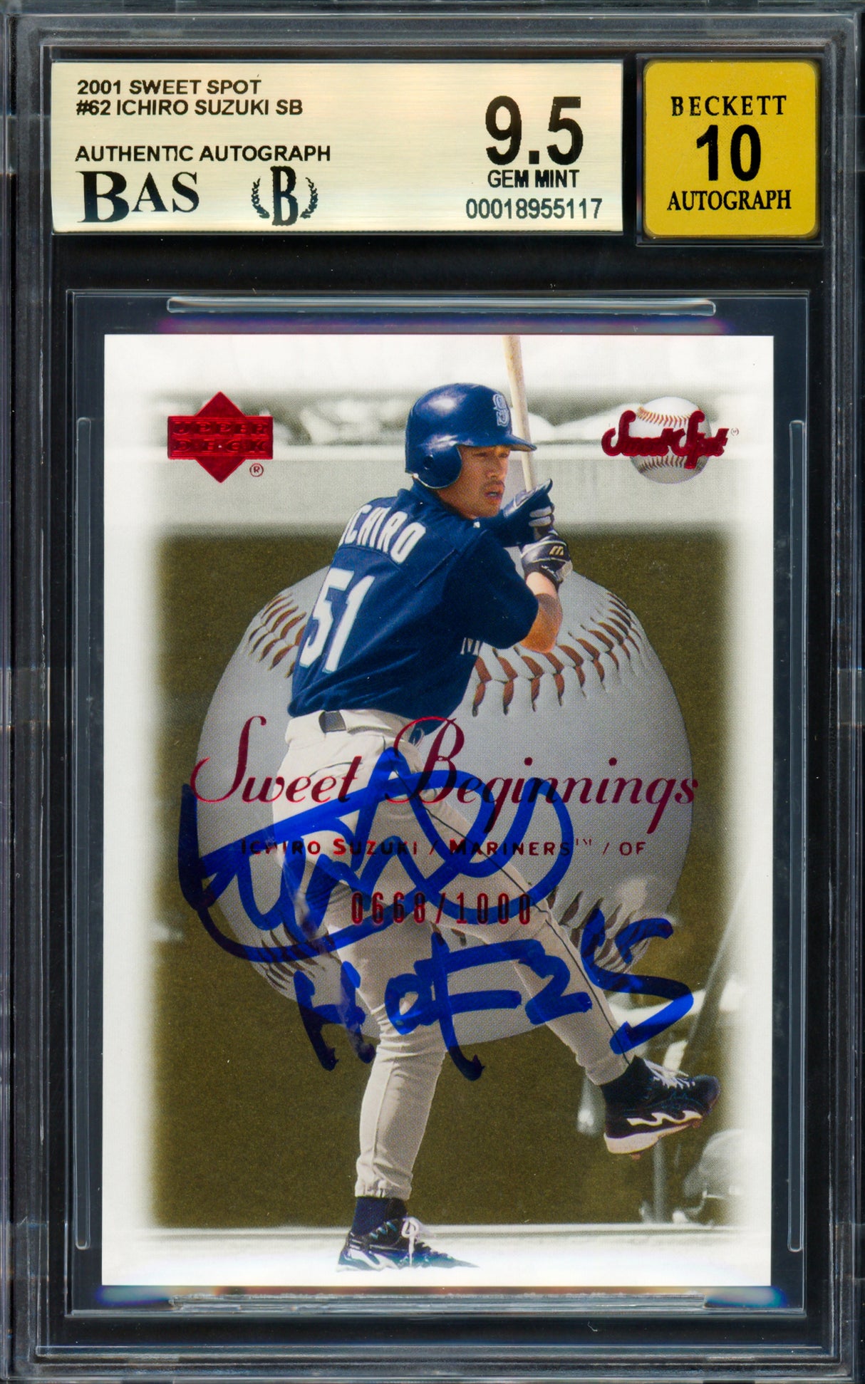 Ichiro Suzuki Autographed 2001 Upper Deck Sweet Spot Rookie Card #62 Seattle Mariners BGS 9.5 Auto Grade Gem Mint 10 "HOF 25" Beckett BAS #18955117