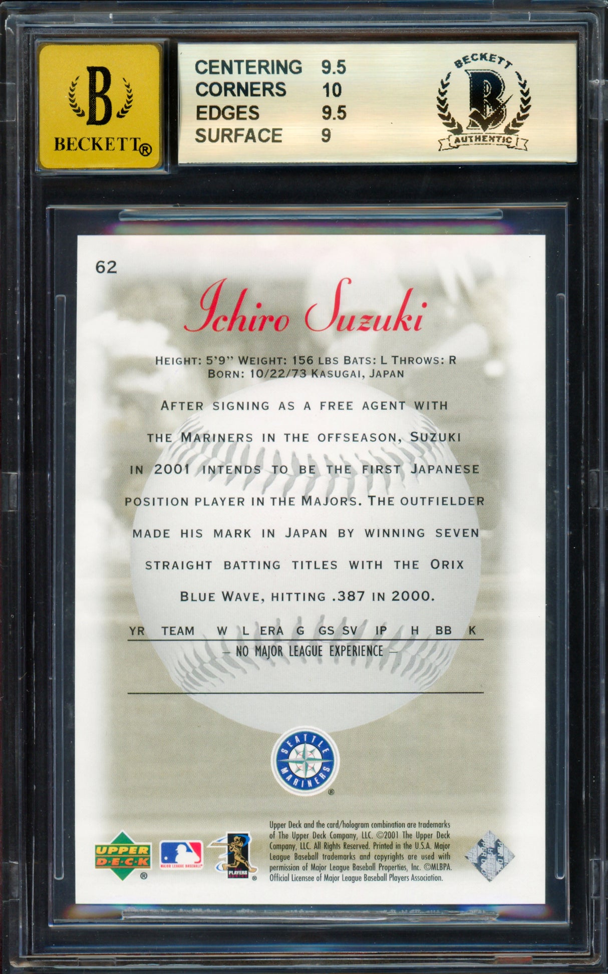 Ichiro Suzuki Autographed 2001 Upper Deck Sweet Spot Rookie Card #62 Seattle Mariners BGS 9.5 Auto Grade Gem Mint 10 "HOF 25" Beckett BAS #18955117