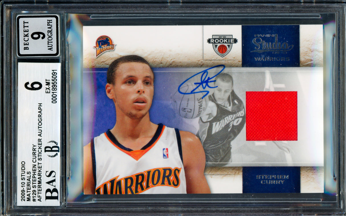 Stephen Curry Autographed 2009-10 Panini Studio Materials Jersey Patch Rookie Card #129 Golden State Warriors BGS 6 Auto Grade Mint 9 #198/249 Beckett BAS #18955091