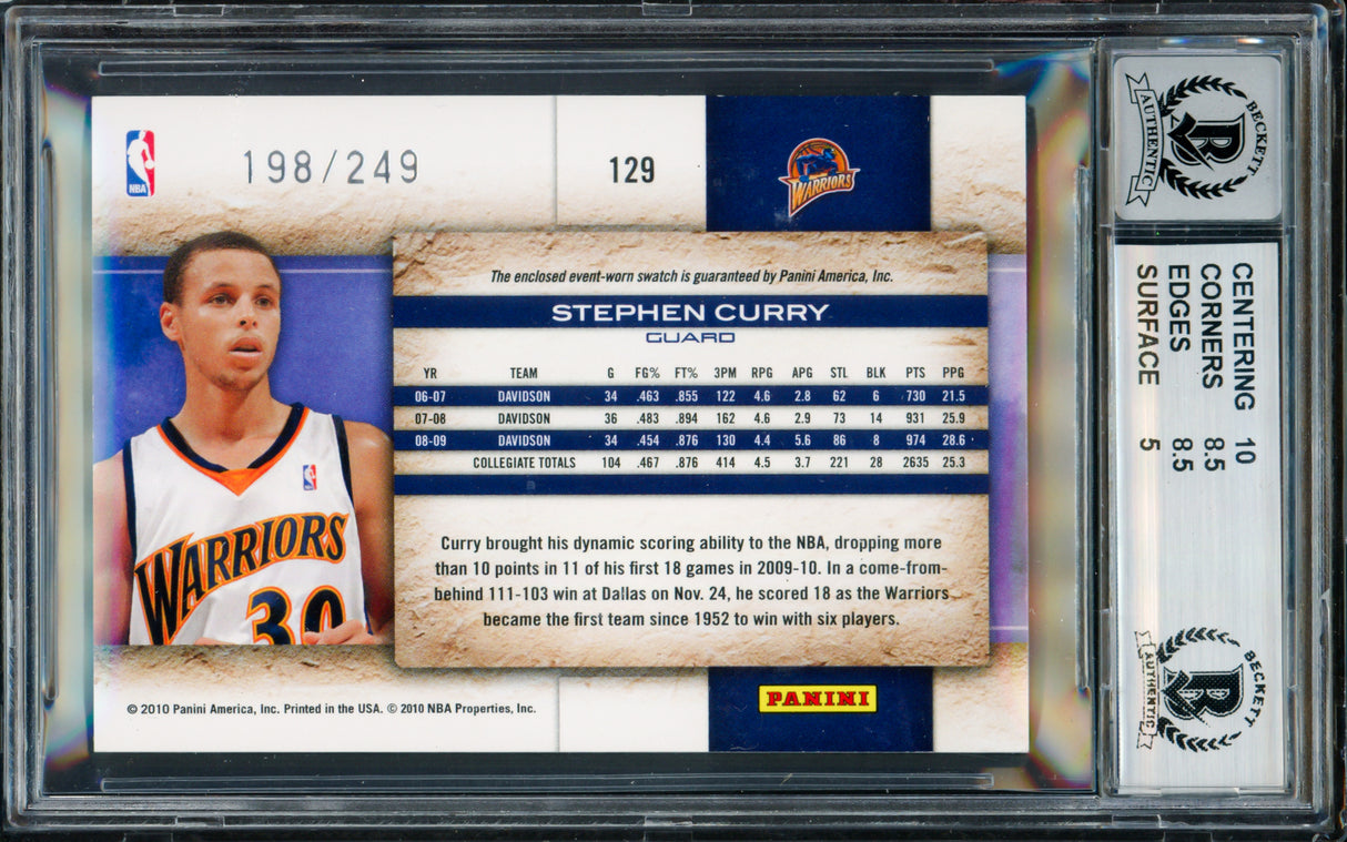 Stephen Curry Autographed 2009-10 Panini Studio Materials Jersey Patch Rookie Card #129 Golden State Warriors BGS 6 Auto Grade Mint 9 #198/249 Beckett BAS #18955091