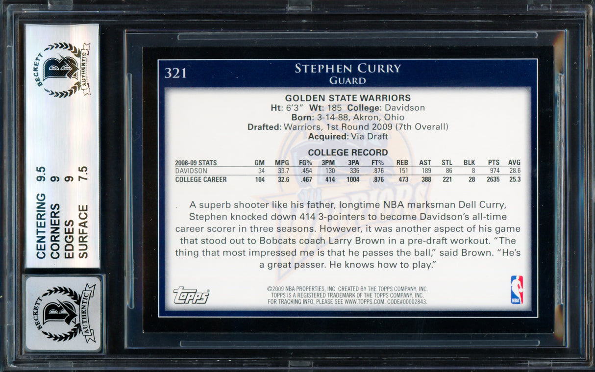 Stephen Curry Autographed 2009-10 Topps Rookie Card #321 Golden State Warriors BGS 8.5 Auto Grade Mint 9 Beckett BAS #18954995