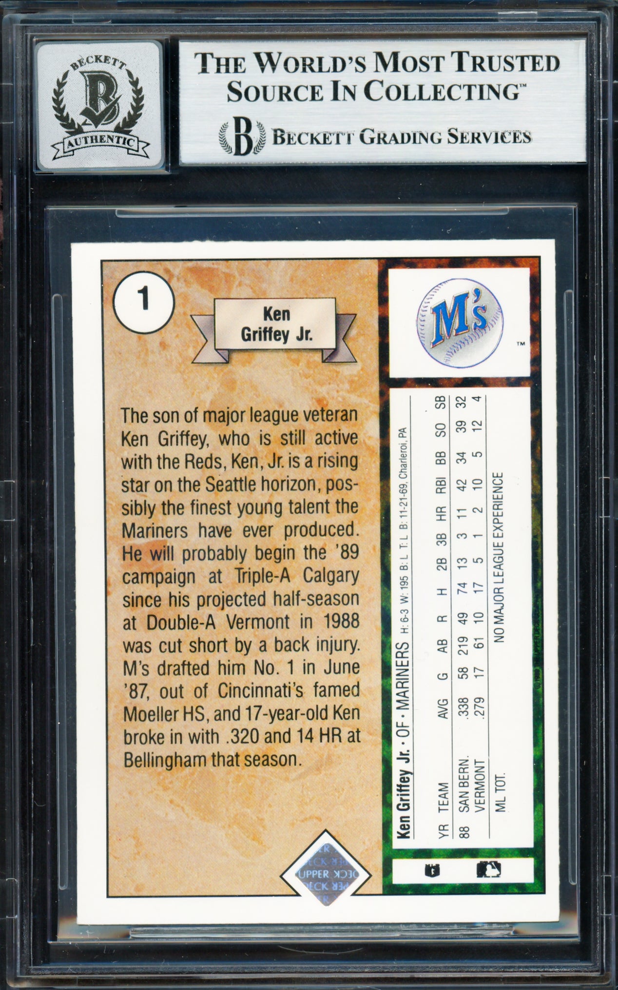 Ken Griffey Jr. Autographed 1989 Upper Deck Rookie Card #1 Seattle Mariners Auto Grade Gem Mint 10 Beckett BAS #18629994