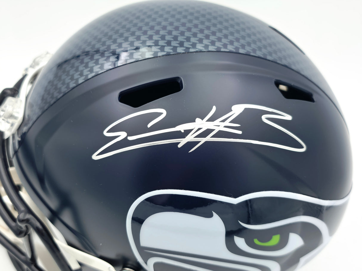 Nick Emmanwori Autographed Seattle Seahawks Blue Full Size Speed Replica Helmet (Signed Twice - Smudged) Beckett BAS Witness #4W530565
