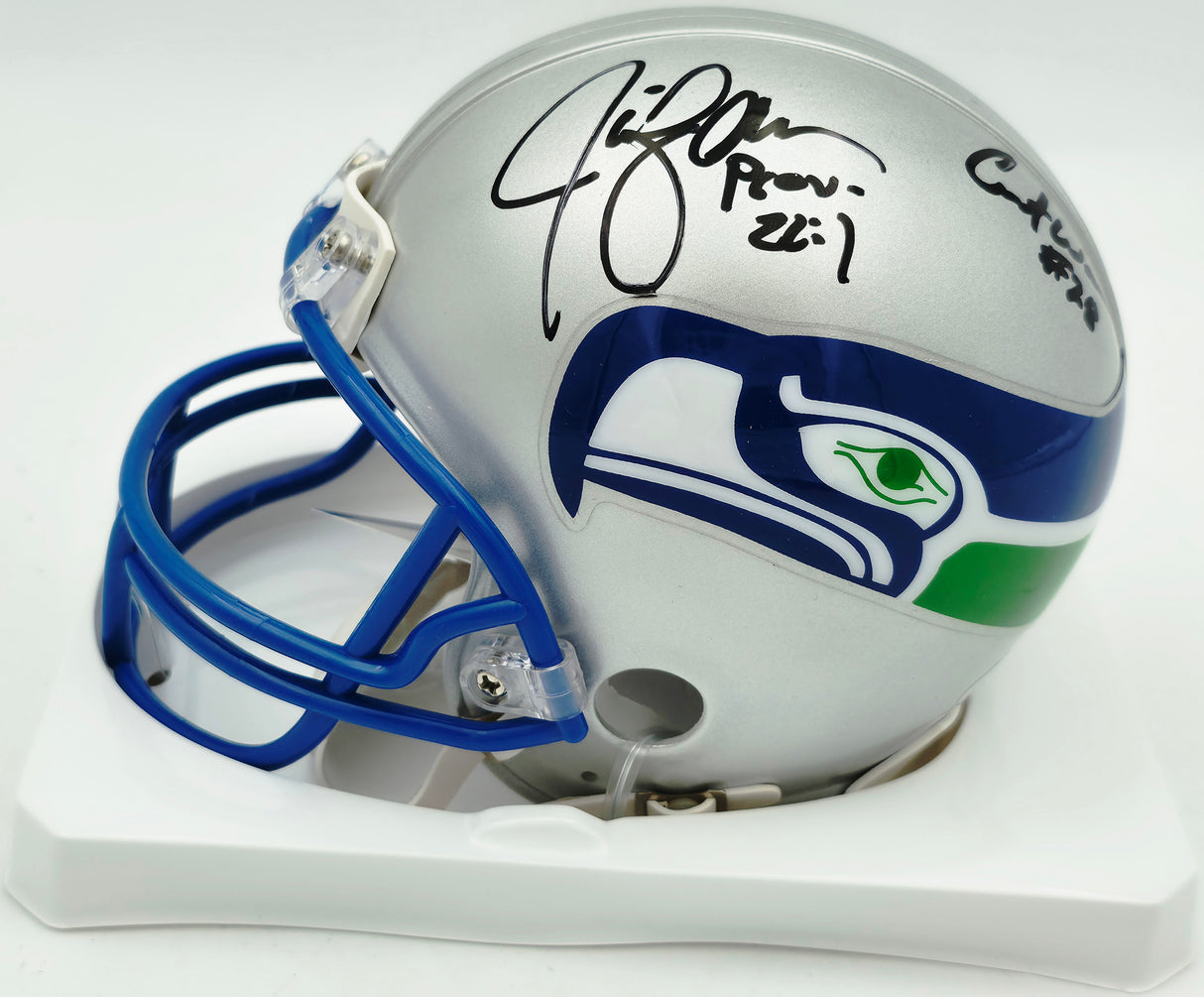 Seattle Seahawks Ring of Honor Autographed Throwback Silver Mini Helmet With 5 Signatures Including Cortez Kennedy & Steve Largent Beckett BAS #C26016