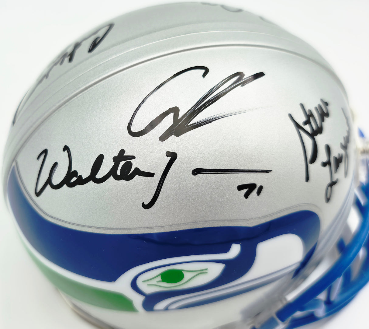 Seattle Seahawks Ring of Honor Autographed Throwback Silver Mini Helmet With 5 Signatures Including Cortez Kennedy & Steve Largent Beckett BAS #C26016
