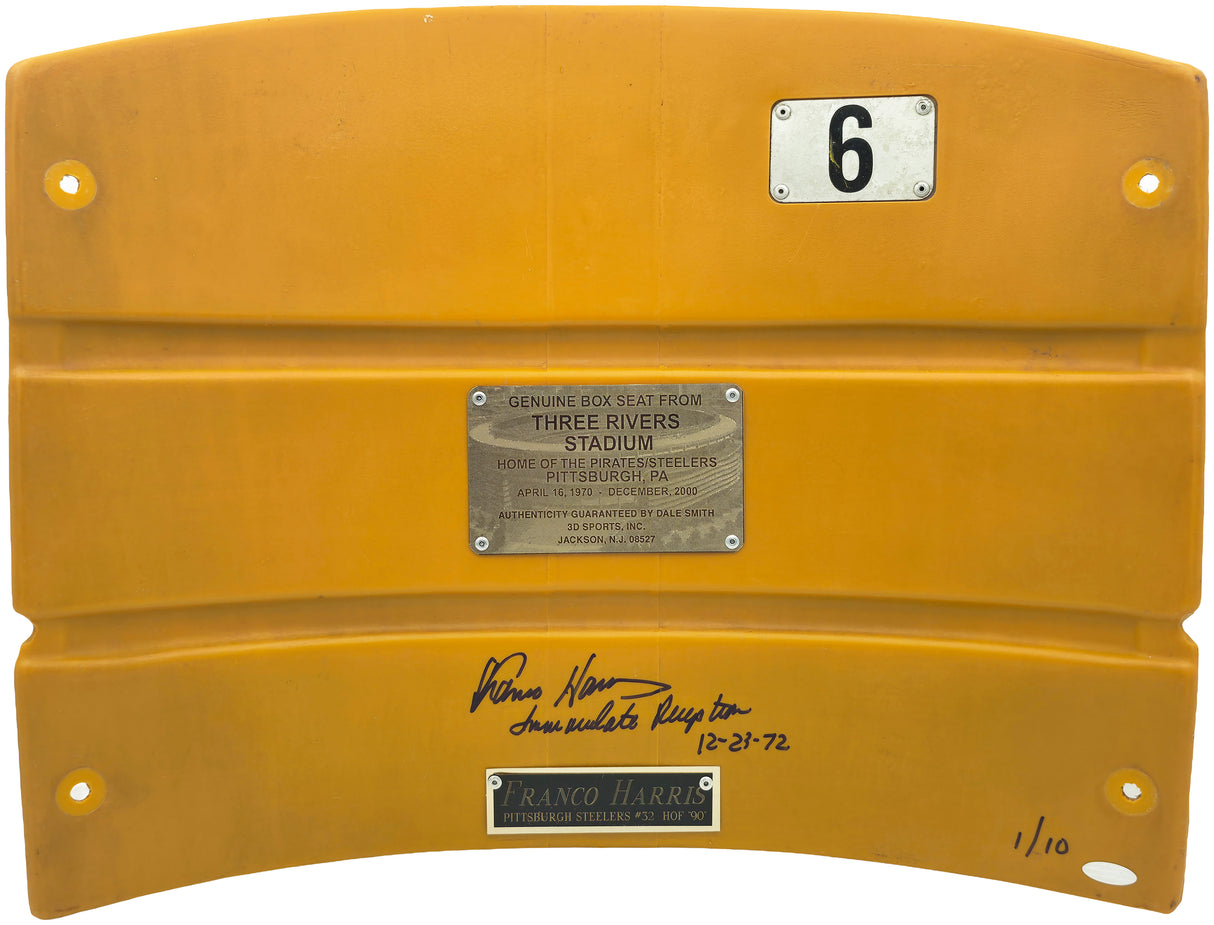 Franco Harris Autographed Three Rivers Stadium Seat Pittsburgh Steelers "Immaculate Reception 12-23-72" #1/10 Steiner Holo SKU #261737