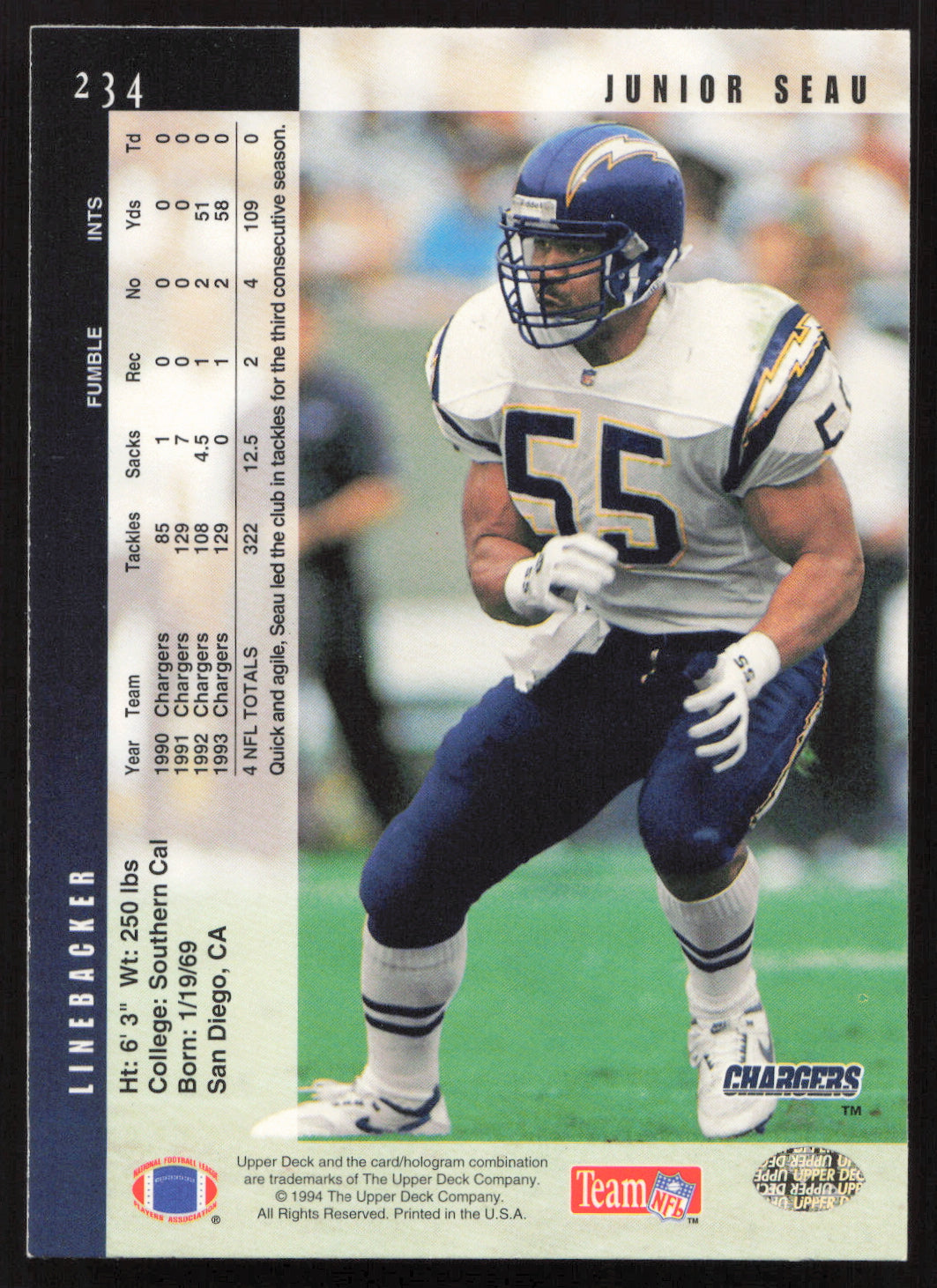 Junior Seau Autographed 1994 Upper Deck Card #234 San Diego Chargers SKU #260258