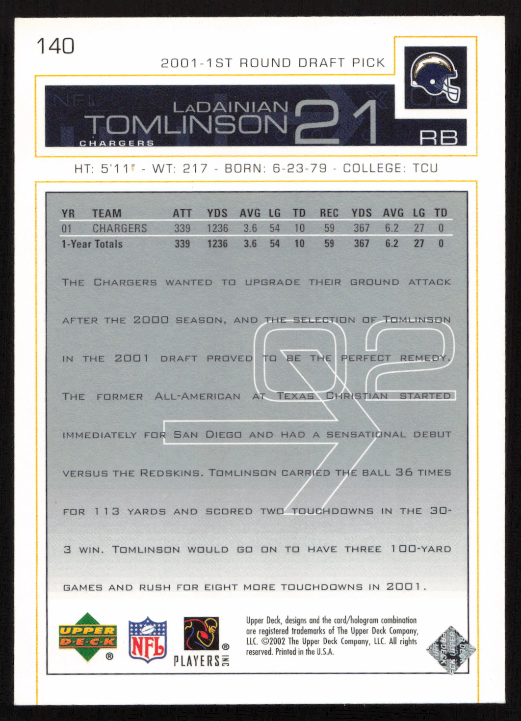 LaDainian Tomlinson Autographed 2002 Upper Deck Card #140 San Diego Chargers SKU #260551