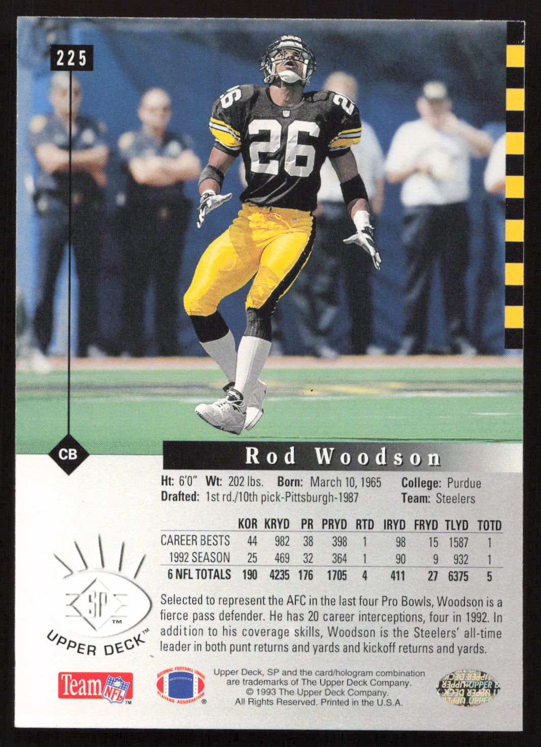 Rod Woodson Autographed 1993 Upper Deck SP Card #225 Pittsburgh Steelers SKU #260651