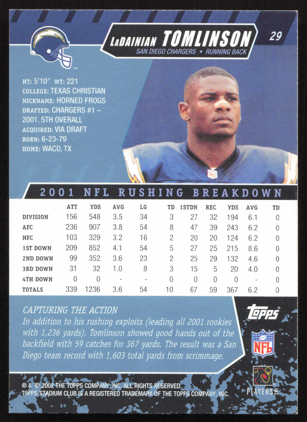 LaDainian Tomlinson Autographed 2002 Stadium Club Card #29 San Diego Chargers SKU #261398