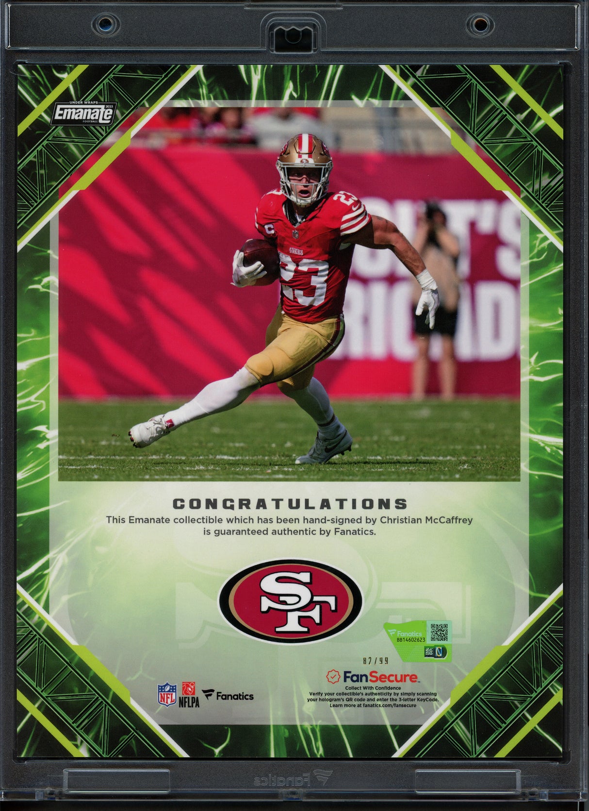 Christian McCaffrey Autographed 2025 Under Wraps NFL Emanate Green Card San Francisco 49ers #82/99 Fanatics Holo #BB14602623