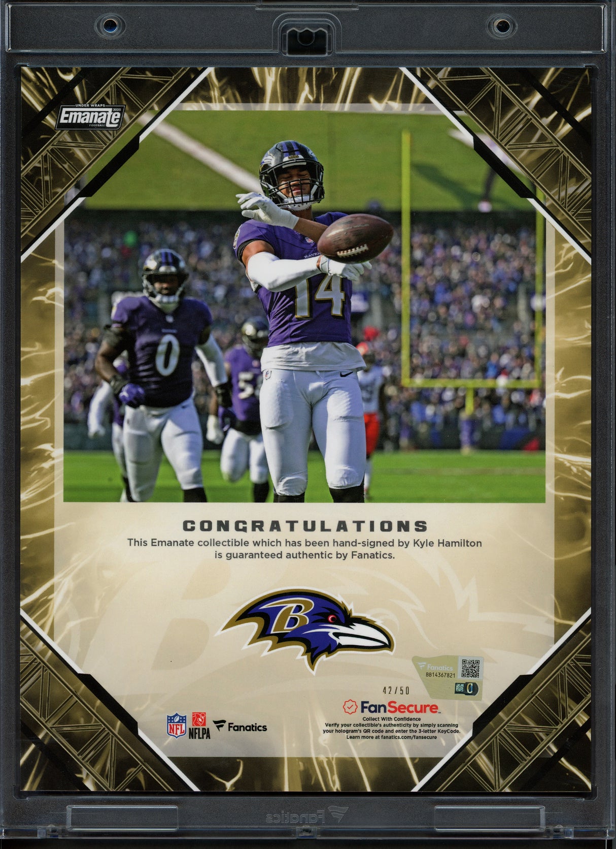 Kyle Hamilton Autographed 2025 Under Wraps NFL Emanate Gold Card Baltimore Ravens #42/50 Fanatics Holo #BB14367821