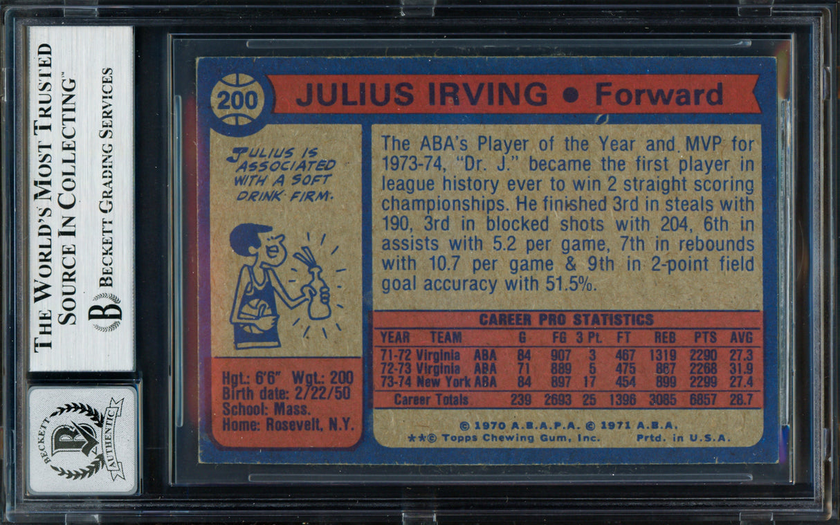 Julius Dr. J Erving Autographed 1974-75 Topps Card #200 New York Nets Auto Grade Gem Mint 10 Beckett BAS #19658657