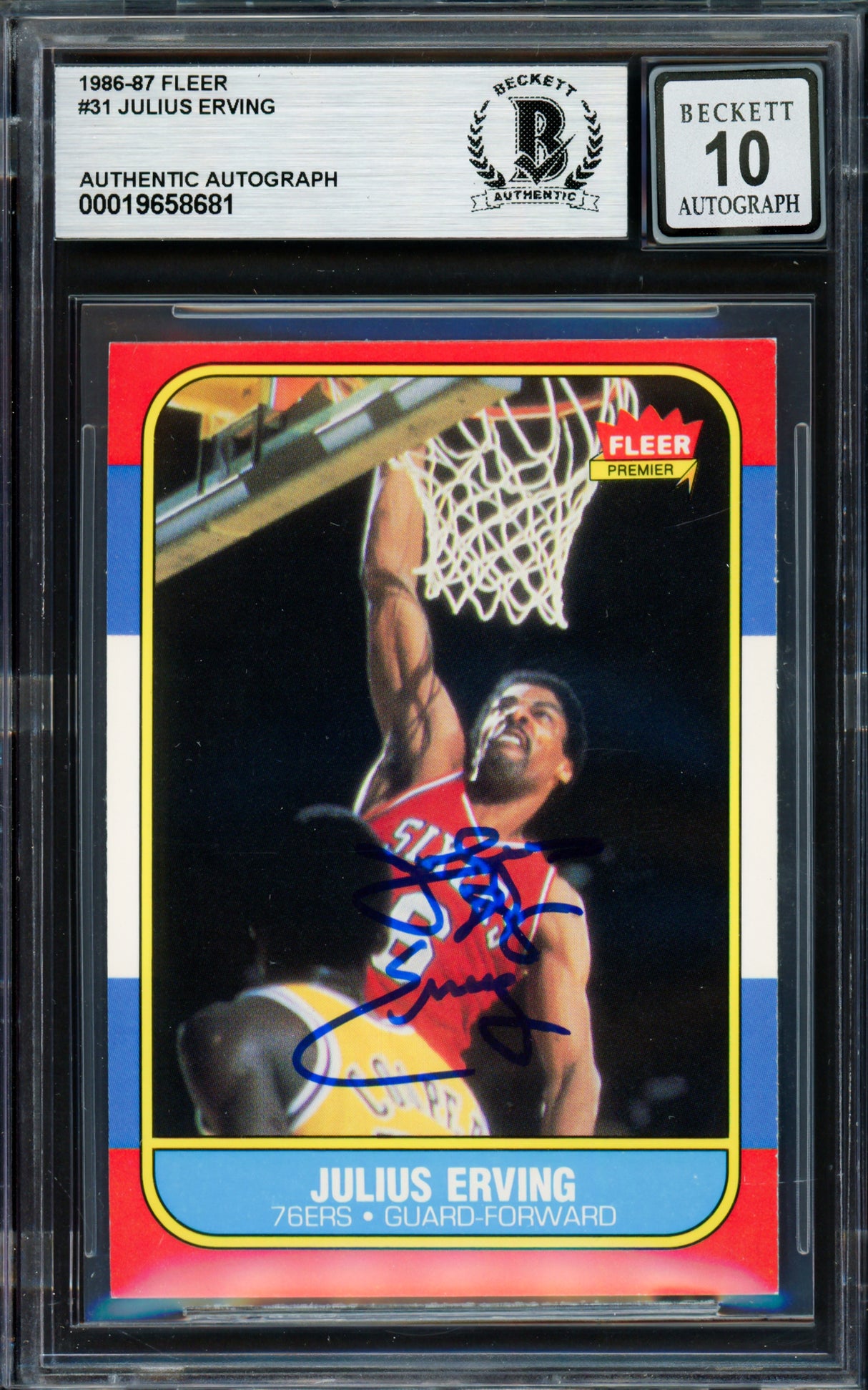 Julius Dr. J Erving Autographed 1986-87 Fleer Card #31 Philadelphia 76ers Auto Grade Gem Mint 10 Beckett BAS #19658681