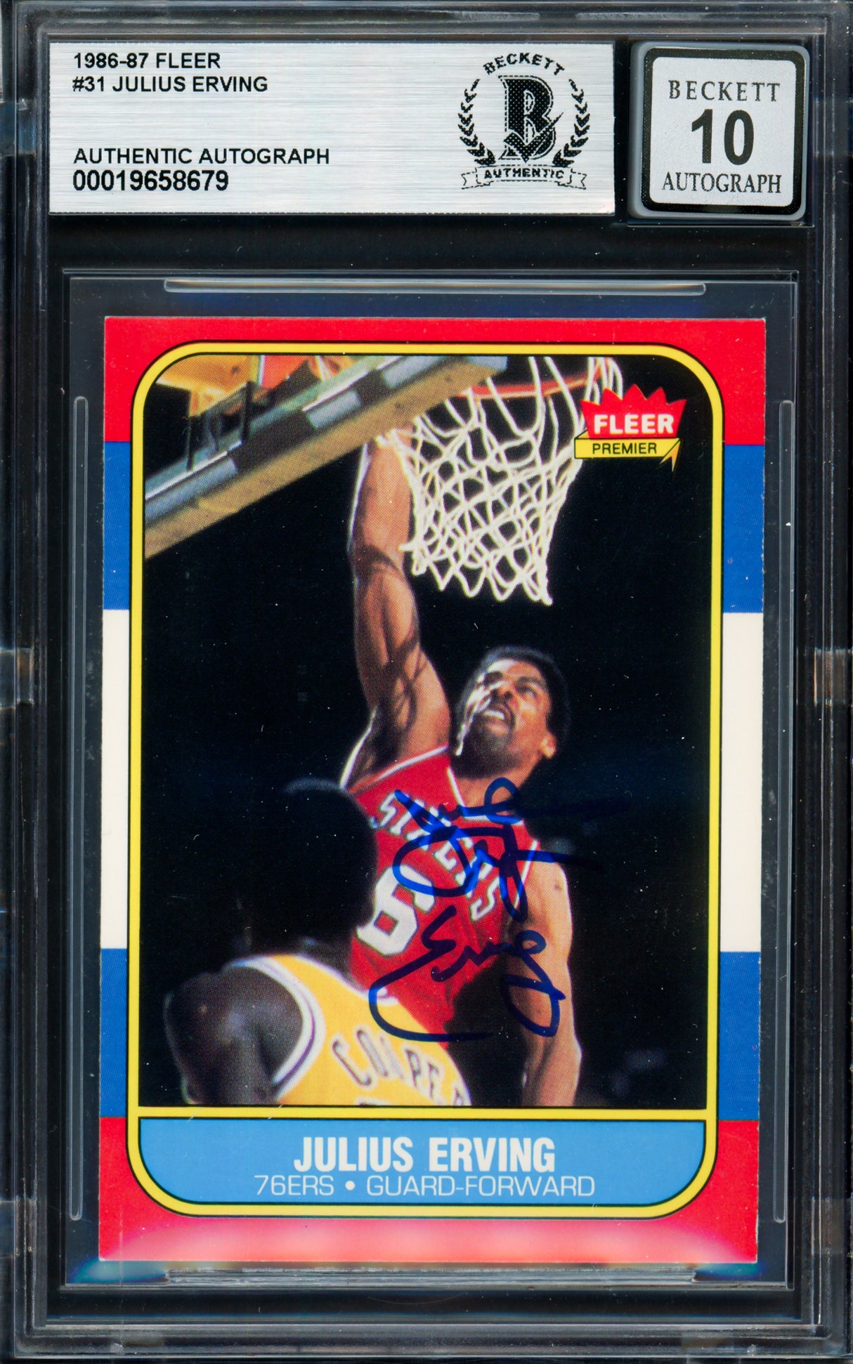 Julius Dr. J Erving Autographed 1986-87 Fleer Card #31 Philadelphia 76ers Auto Grade Gem Mint 10 Beckett BAS #19658679