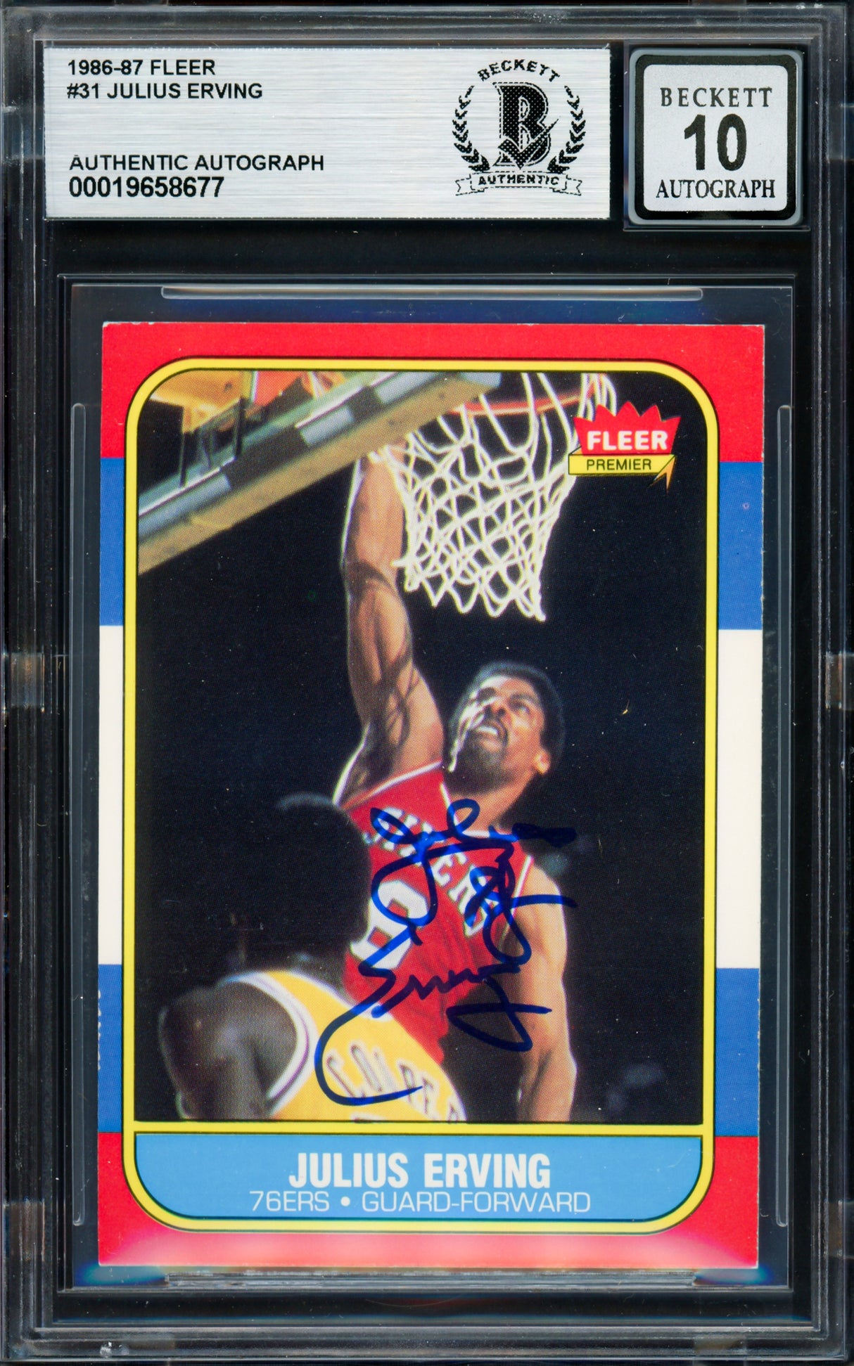 Julius Dr. J Erving Autographed 1986-87 Fleer Card #31 Philadelphia 76ers Auto Grade Gem Mint 10 Beckett BAS #19658677