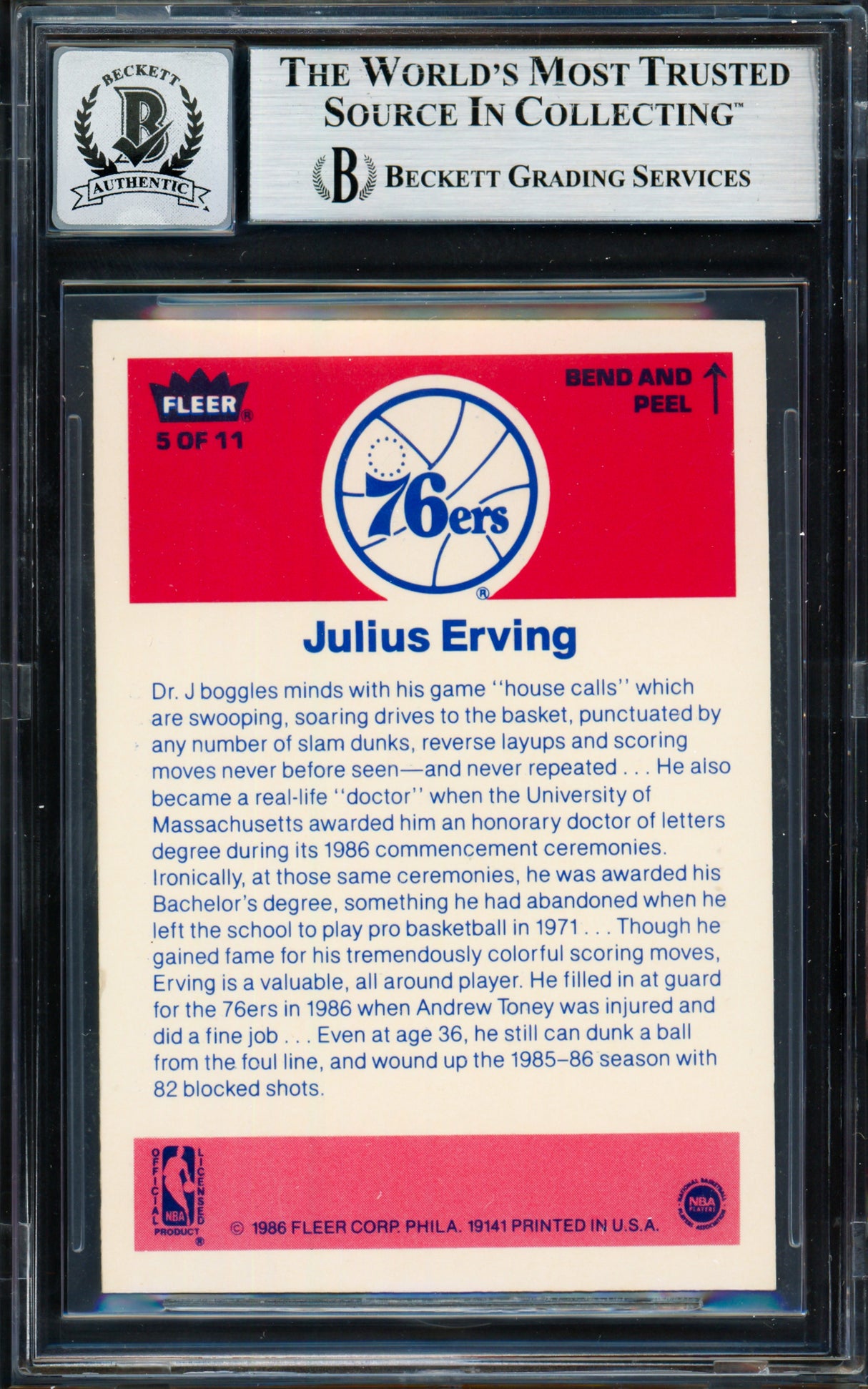 Julius Dr. J Erving Autographed 1986-87 Fleer Sticker Card #5 Philadelphia 76ers Auto Grade Gem Mint 10 Beckett BAS #19658695