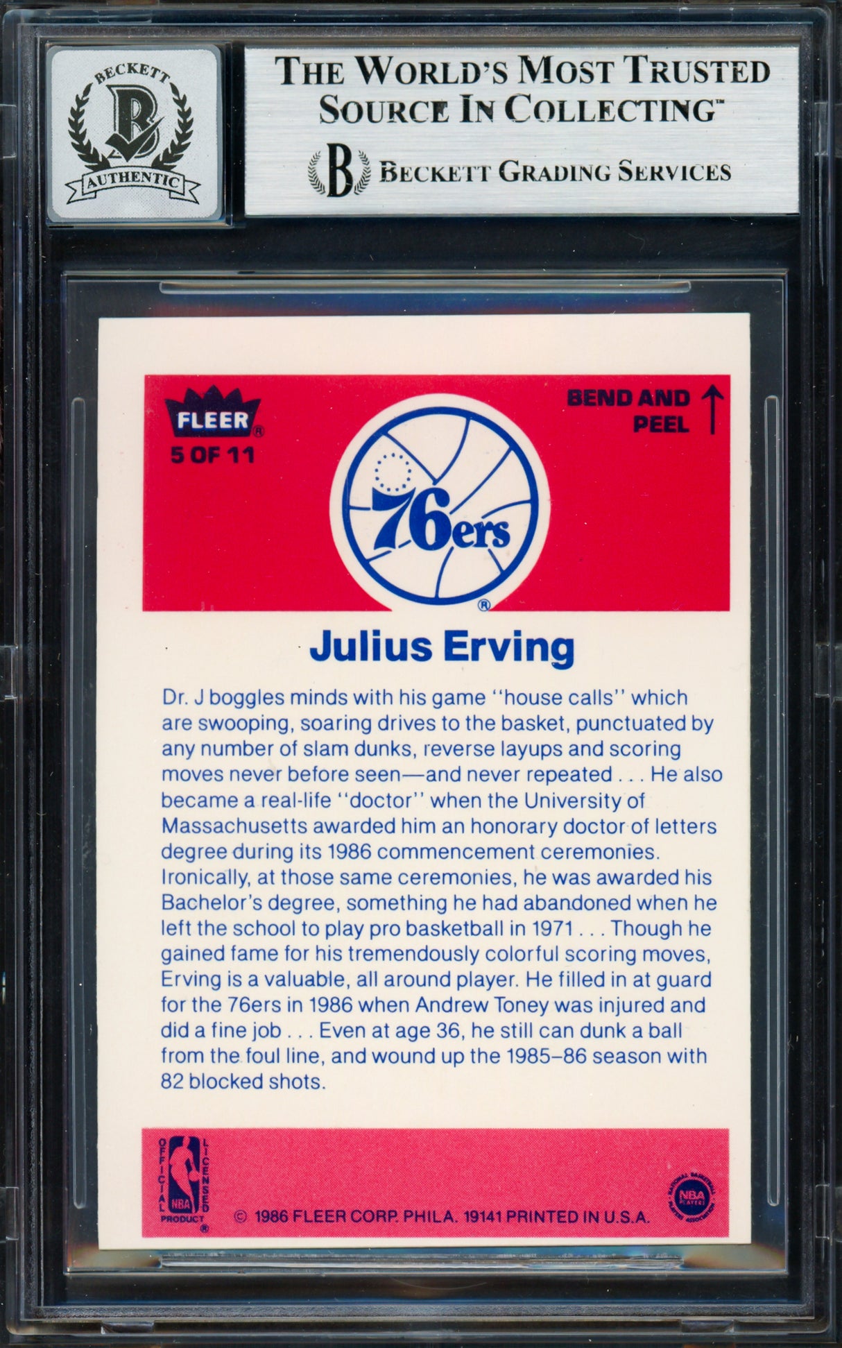 Julius Dr. J Erving Autographed 1986-87 Fleer Sticker Card #5 Philadelphia 76ers Auto Grade Gem Mint 10 Beckett BAS #19658697