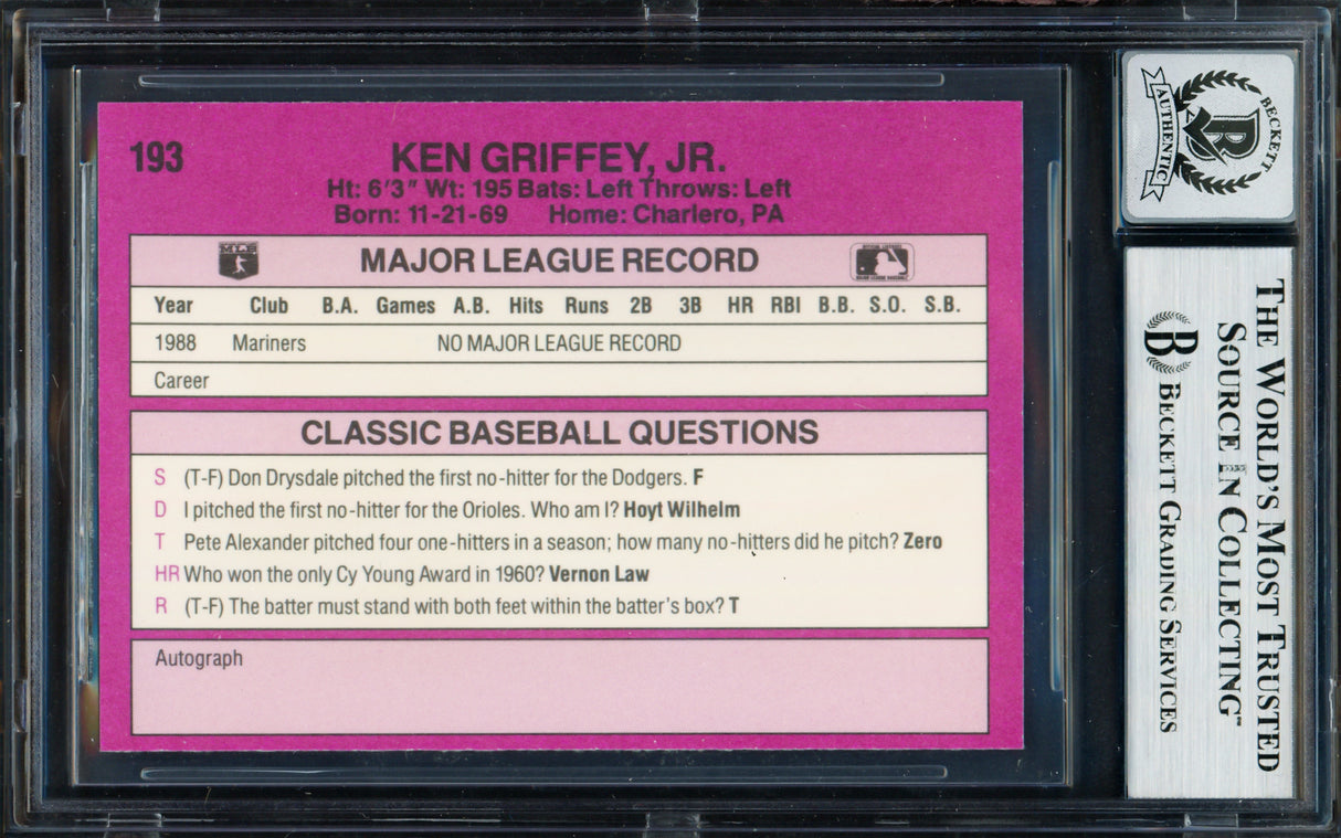 Ken Griffey Jr. Autographed 1989 Classic Travel Rookie Card #193 Seattle Mariners Auto Grade Gem Mint 10 Beckett BAS #19658751