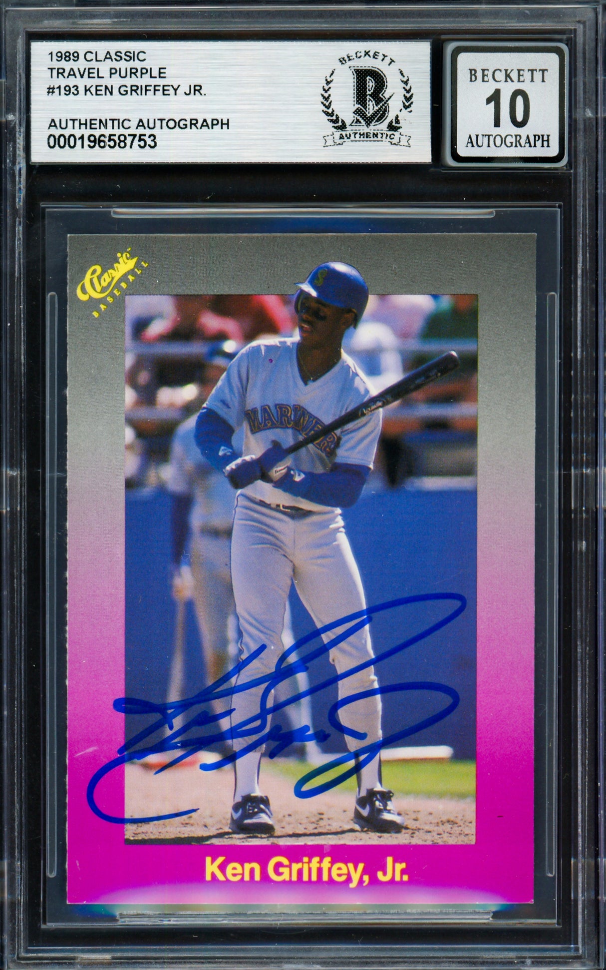 Ken Griffey Jr. Autographed 1989 Classic Travel Rookie Card #193 Seattle Mariners Auto Grade Gem Mint 10 Beckett BAS #19658753