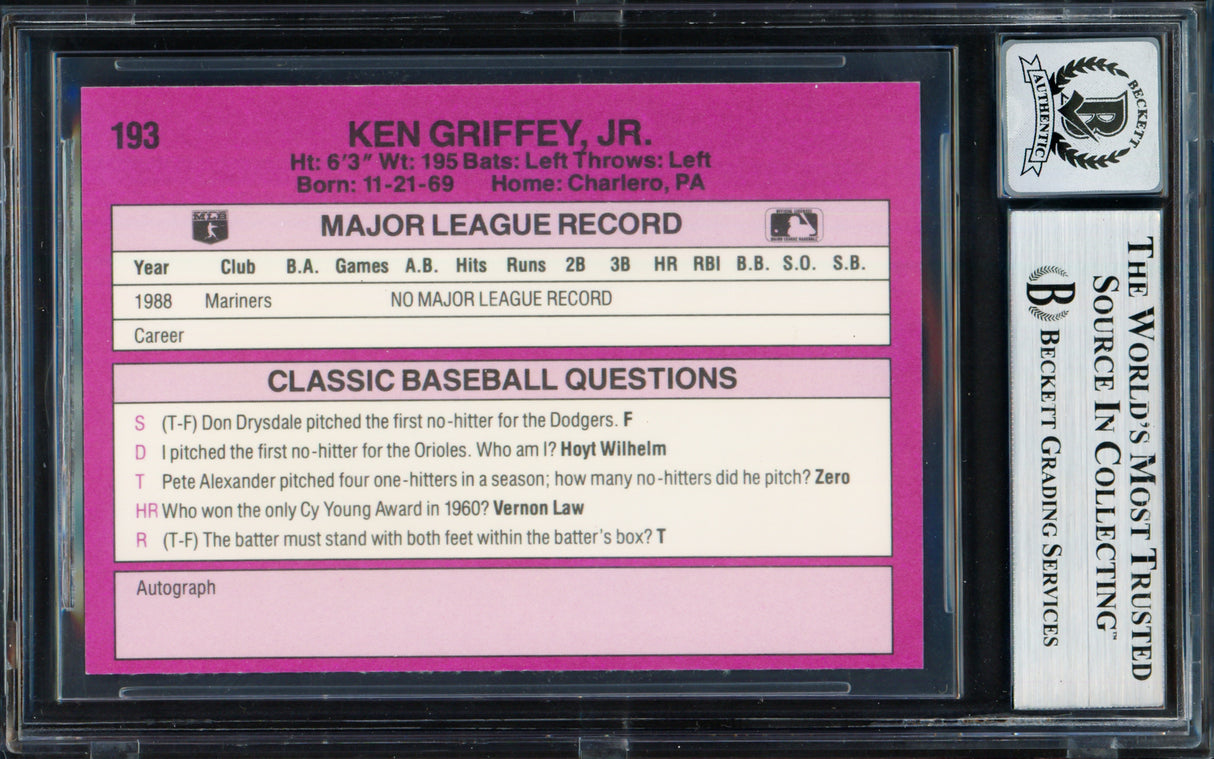 Ken Griffey Jr. Autographed 1989 Classic Travel Rookie Card #193 Seattle Mariners Auto Grade Gem Mint 10 Beckett BAS #19658753