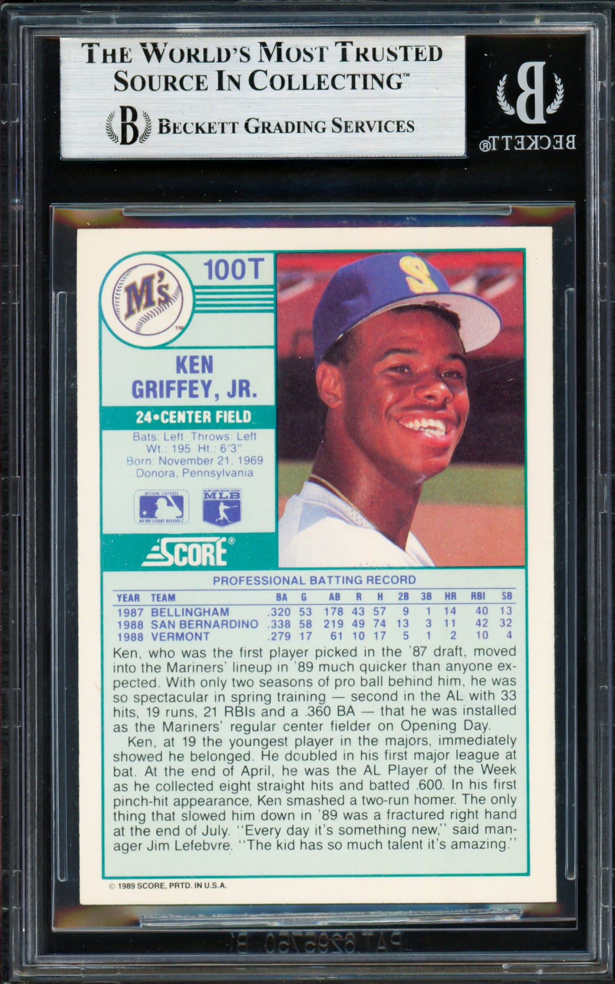 Ken Griffey Jr. Autographed 1989 Score Traded Rookie Card #100T Seattle Mariners Beckett BAS #19664877