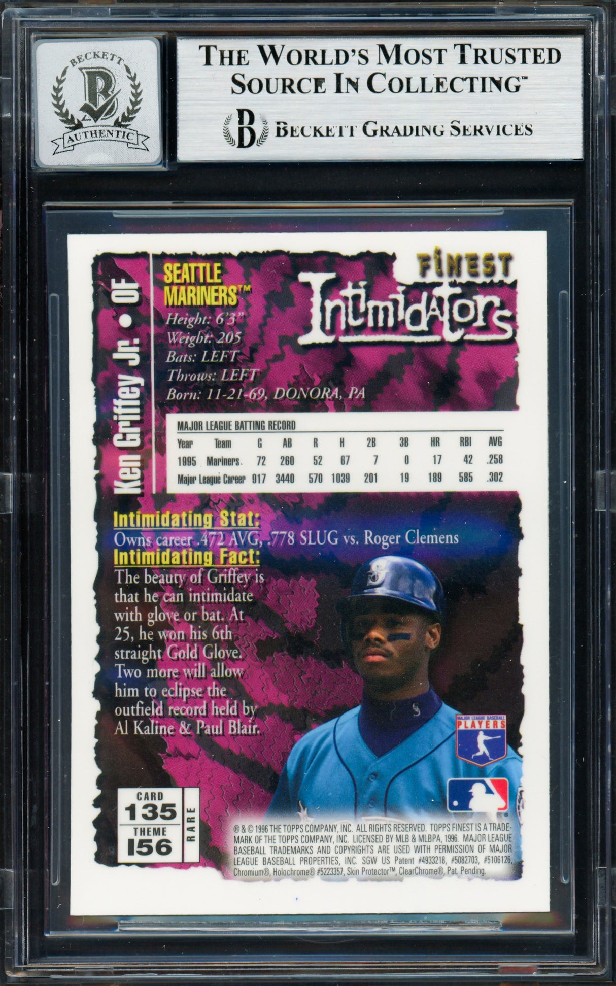 Ken Griffey Jr. Autographed 1996 Topps Finest Gold Intimidators Card #135 Seattle Mariners Auto Grade Gem Mint 10 Beckett BAS #19659431